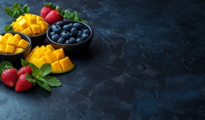 Wall Mural - Fresh mango, strawberry, blueberry fruit in bowls on dark background.