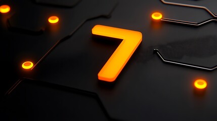 Sticker - Overhead View of Bright Orange Number Seven on a Dark Circuit Board Background with Glowing Lights and Intricate Patterns Highlighting Technology Theme