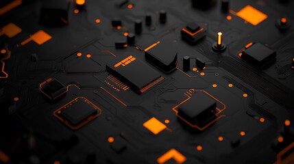 Poster - Overhead View of a Sprawling Circuit Board Featuring Striking Glowing Elements With Modern Technology and Intricate Patterns in Dark Hues