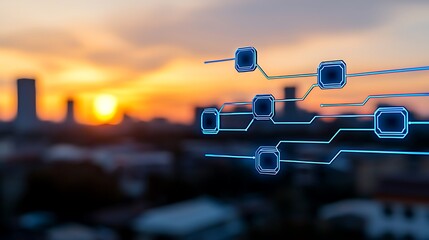 Aufkleber - Ultra Modern City Skyline Silhouette Against a Beautiful Sunset with Futuristic Elements and Abstract Technology Graphics Overlaying Urban Landscape
