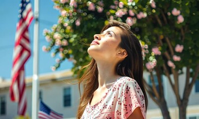 Wall Mural - young woman outdoors, peaceful expression, flowering tree, american flag in background