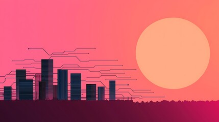 Poster - A Stunning Ultra Modern City Skyline Silhouette Against a Vibrant Sunset with Digital Elements Representing Innovation and Future Aesthetics