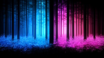 Poster - Surreal Artistic Representation of a Digital Fantasy World with Vibrant Blue and Pink Forests Illuminating the Scene with Ethereal Glow and Dreamlike Atmosphere