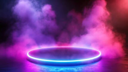 Poster - Neon Circle on Dark Background with Colorful Smoke Effects