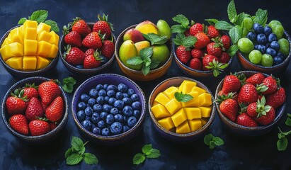 Wall Mural - Colorful bowls of fresh mango, strawberries, blueberries, peaches, and grapes.