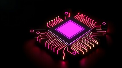 Poster - Close-up View of a Futuristic Silicon Chip with Intricate Circuitry and Vibrant Neon Lighting on a Dark Background