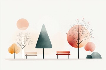 Aufkleber - A flat design of a modern urban street with minimalistic details, featuring a few trees and benches in muted tones
