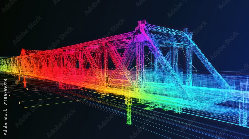 Rainbow wireframe model of a truss bridge on dark background. Stock ...