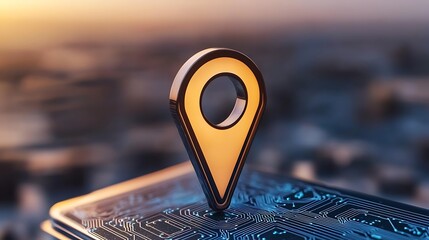 Poster - Close-Up of Intricate Digital Circuit Patterns with a Location Pin Symbolizing Technology and Connectivity in a Futuristic Environment