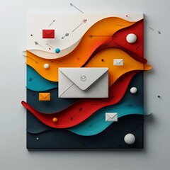Poster - Vibrant and dynamic abstract geometric landscape showcasing an interactive freehand user interface with moving arrows and envelope symbols
