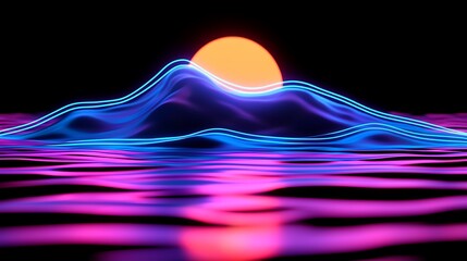 Poster - Colorful Holographic Waveforms Blending Into A Vibrant Sunset Over Water, Creating A Stunning Visual Experience With Neon Tones And Captivating Patterns