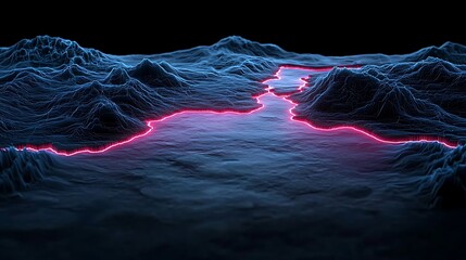 Fototapete - Conceptual Visualization of Data Streams Flowing Through Dynamic Terrain with Neon-Like Highlights and Undulating Topography in a Dark Background