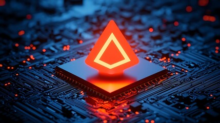 Fototapete - Abstract Representation of Digital Circuit Patterns with Flowing Red Light Emitting Symbol on a Dark Circuit Board Background