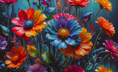 Poster - Colorful bouquet of flowers with a blue flower in the middle. The flowers are in a vase