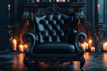 Poster - A gothic armchair with dark, velvet upholstery and ornate, carved wooden arms, placed in a shadowy, candlelit room