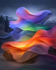 Poster - Mesmerizing abstract background design featuring swirling undulating iridescent shapes in a captivating play of monochromatic hues across a moody atmospheric urban landscape  This striking