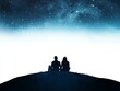 © nitiroj - A couple sitting under the stars, romantic stargazing, fantasy illustration, deep blue and silver tones, isolated on white background
