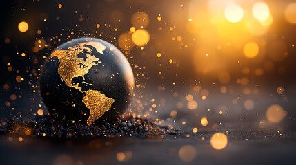 Poster - Enchanting Visualization of a Celestial Sphere Capturing the Beauty of Earth with Golden Accents and Sparkling Lights in a Dreamy Fantasy Landscape
