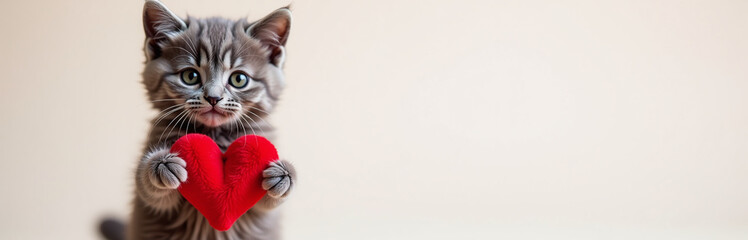 Poster - Adorable Gray Kitten Holds A Red Fluffy Heart Banner, Creating Space For A Message Or Design In The Foreground. 00001