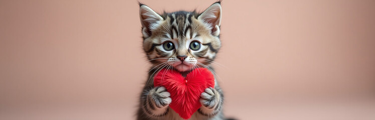 Poster - Adorable Gray Kitten Holds A Red Fluffy Heart Banner, Creating Space For A Message Or Design In The Foreground. 00003