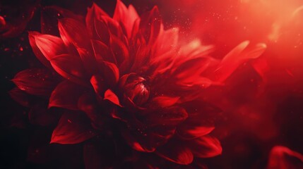 Wall Mural - beautiful red dahlia in full bloom, vibrant tones, intricate details, enhanced textures, dynamic lighting effects, rich and immersive visual appeal