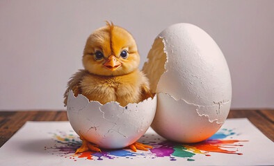 Poster - Baby chick is standing in an egg. The egg is cracked open. The chick is looking at the camera