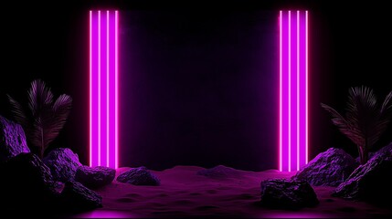 Poster - A Stunning Futuristic City Skyline with Vibrant Neon Lights Illuminating a Night Scene, Creating an Enchanting Urban Atmosphere in a Sci-Fi Setting