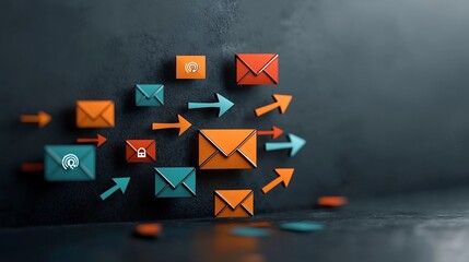 Poster - Dark background with freehand user arrows and mail envelope icons symbolizing worldwide connectivity and networking  Digital art with a aesthetic and futuristic feel showcasing technology
