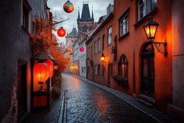 Poster - A magical urban cityscape where enchanted streetlights float, and colorful orbs of light illuminate cobblestone streets under a mystical twilight