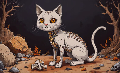 Poster - Skeleton is next to a cat. The cat is white and has yellow eyes. The skeleton is on the ground