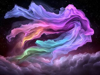 Poster - Mesmerizing abstract featuring vibrant fluid iridescent shapes in a hypnotizing luminous celestial composition  Showcasing a digital painting in an Impressionist style with a tranquil