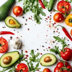 Poster - Fresh vegetables and herbs arranged in a circle on white background.