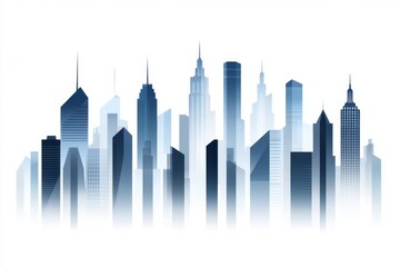 Poster - A minimalist depiction of an urban skyline, with simple geometric shapes representing skyscrapers in shades of gray and blue on a white background