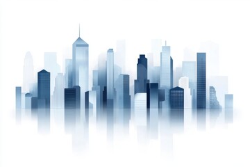Poster - A minimalist depiction of an urban skyline, with simple geometric shapes representing skyscrapers in shades of gray and blue on a white background