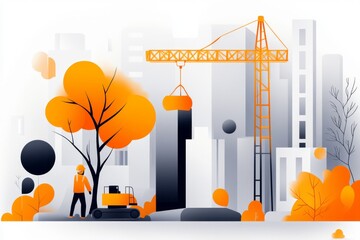 Leinwandbilder - A minimalist design of a construction crane lifting a steel beam, with clean lines and bold yellow accents on a plain white background