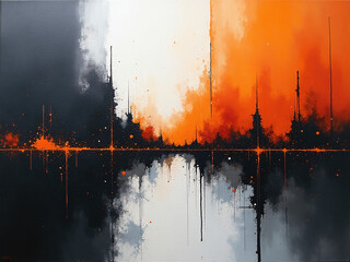 Poster - Abstract Modern Acrylic Canvas Painting Featuring Black, White, And Orange Hues Created Using Artificial Intelligence Generation Techniques. 00003