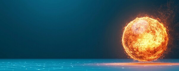 Wall Mural - a glowing, fiery sphere resembling a sun against a tranquil blue background, creating a striking con