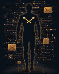 Poster - Shadowy backdrop with abstract freehand human outline envelope icon and crossing arrow symbols representing global digital communication simple line drawing technique muted tones cyberpunk influence