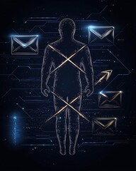 Poster - Shadowy digital communication backdrop with abstract freehand human silhouette outline envelope icon and crossing arrow symbols representing global digital data and information exchange