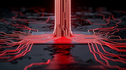 Poster - Intricate Visual Representation of Data Flow with Red Streams and Circuit Patterns on a Dark Background, Showcasing Modern Technology and Connectivity