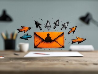 Poster - Vintage style of a Digital Communication Concept Featuring a Hand sketched Envelope Icon Surrounded by Directional Arrows on a Muted Color Office Desk Scene