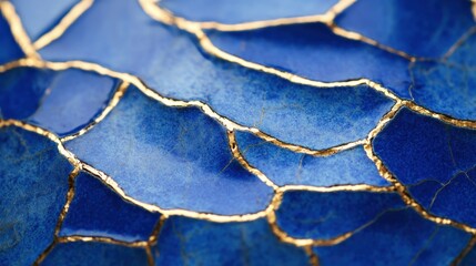 Wall Mural - close-up of vibrant blue ceramic with golden kintsugi cracks, artistic and elegant design, bold and detailed composition, serene focus