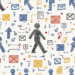 Poster - This visually striking features a freehand sketched human figure alongside postal envelopes and directional arrows