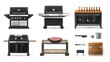 © Johannes - Barbecue equipment. Charcoal and gas kettle BBQ grill equipment different type for meat and sausages cooking outdoor. Vector object isolated set on white. Home or restaurant appliance illustration