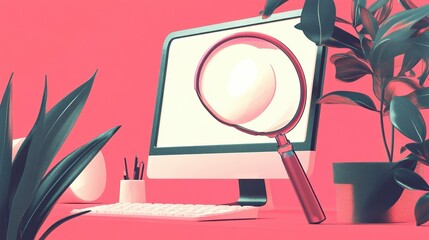 Poster - Flat vector illustration of digital marketing data analysis on computer screen with magnifying glass illustration