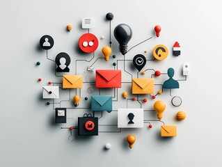 Poster - Futuristic visualization of a global communication network system featuring a flowing arrangement of dynamic freehand user avatars abstract mail icons and interlocking geometric shapes in a muted