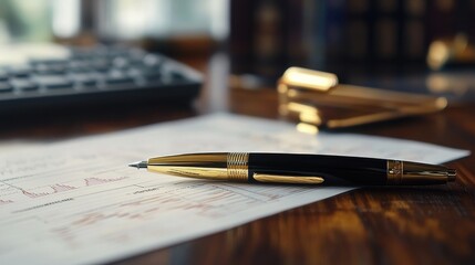 Poster - Detailed view of financial graphs on a desk with a golden pen, representing business and economic analysis.