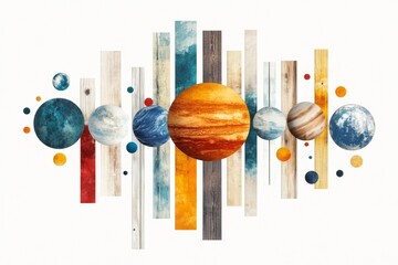 Aufkleber - A playful flat design of planets in a row, each with unique colors and textures, set against a white canvas