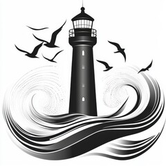Poster - modern black and white vector logo design of a lighthouse with waves
