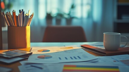 Poster - Collection of business analytics charts and graphs stacked on each other on paper on desk in office